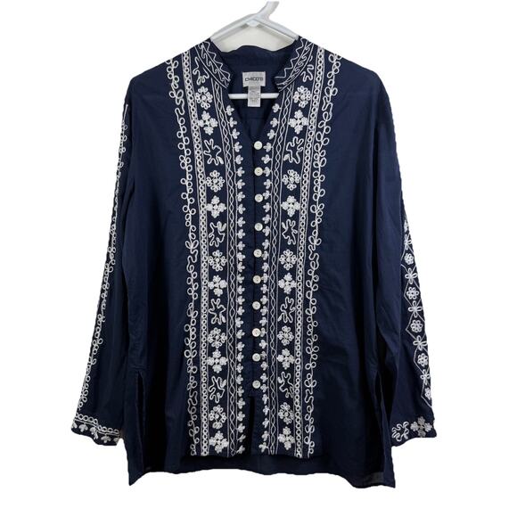Chico’s Navy White Embroidered Button Up Tunic Top Size L (12) 100% Cotton Boho - Picture 1 of 14